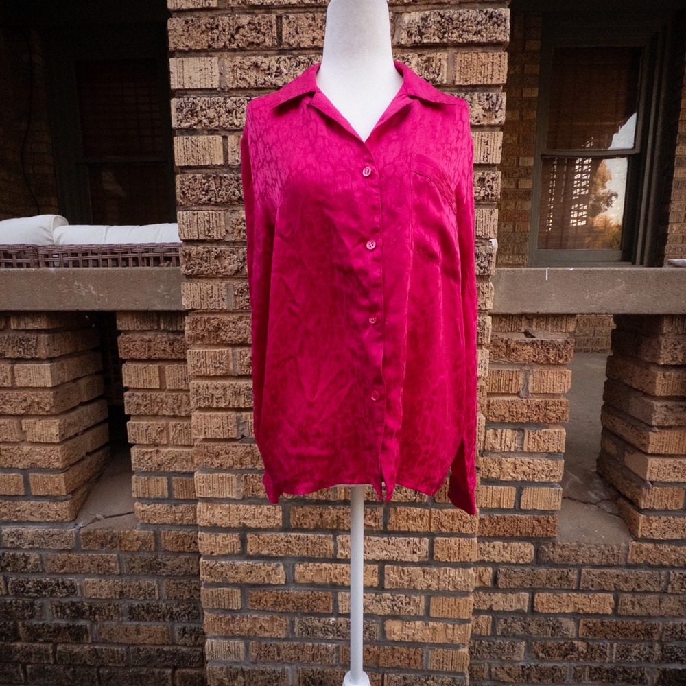 Sunny Leigh Magenta Pink Silk Animal Print Jacquard Button Down Blouse Medium